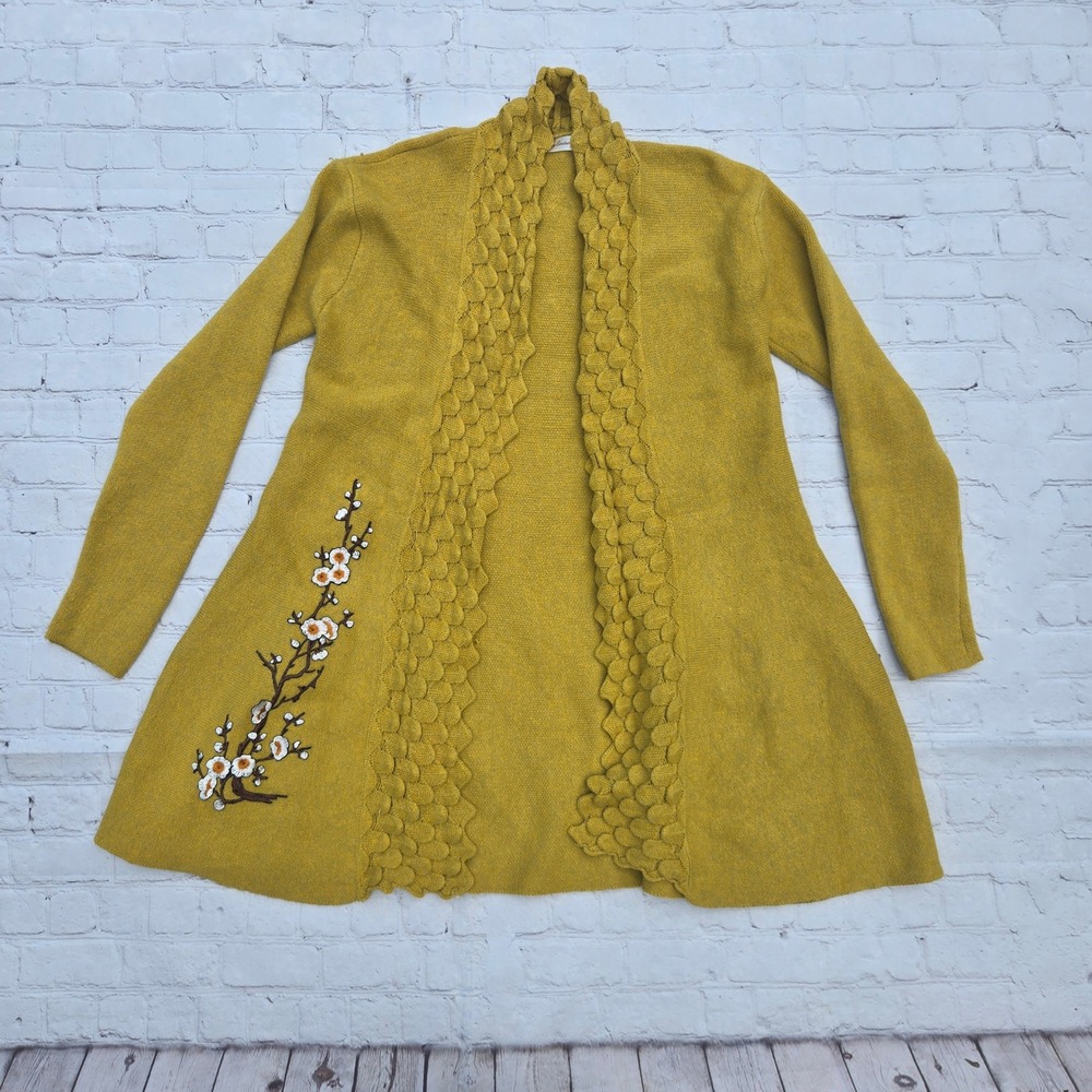 Simply Couture Chartreuse cascading lattice trim Floral Longline Cardigan artsy